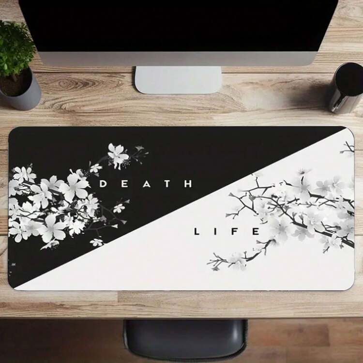 1pc Japanese Life Death Keyboard Mat, Black White Cherry Blossom Anime Gaming Mouse Pad For Desk With Anti-Slip Rubber Base And Stitched Edges, Japanese Sakura Pagoda Sun Mouse Pad (XXL size 900x400)