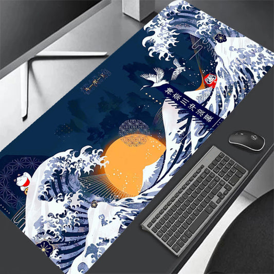 Art Mouse Pad Japan The Great Wave of Kanagawa Large Gaming Mousepad Gamer Keyboard Mouse Mats Office Computer Laptop Desk Mat (900x400m) (WHITE AND BLUE))