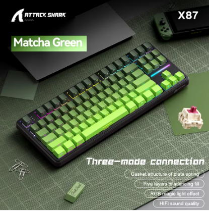 Gaming Keyboard X87 Attack Shark Side Engraved Translucent Character Wireless Mechanical Keyboard,RGB,Hot-Swap,Bluetooth Tri-mod (MATCHA GREEN COLOR)