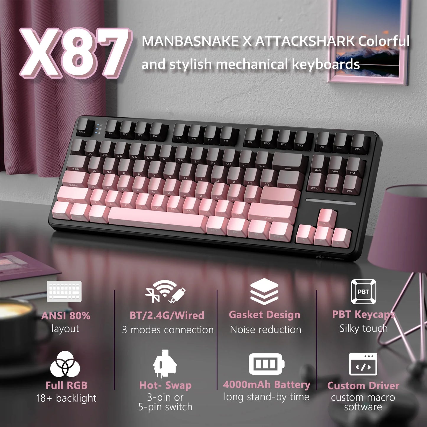 Gaming Keyboard X87 Attack Shark Side Engraved Translucent Character Wireless Mechanical Keyboard,RGB,Hot-Swap,Bluetooth Tri-mod (BLACKBERRY COLOR)