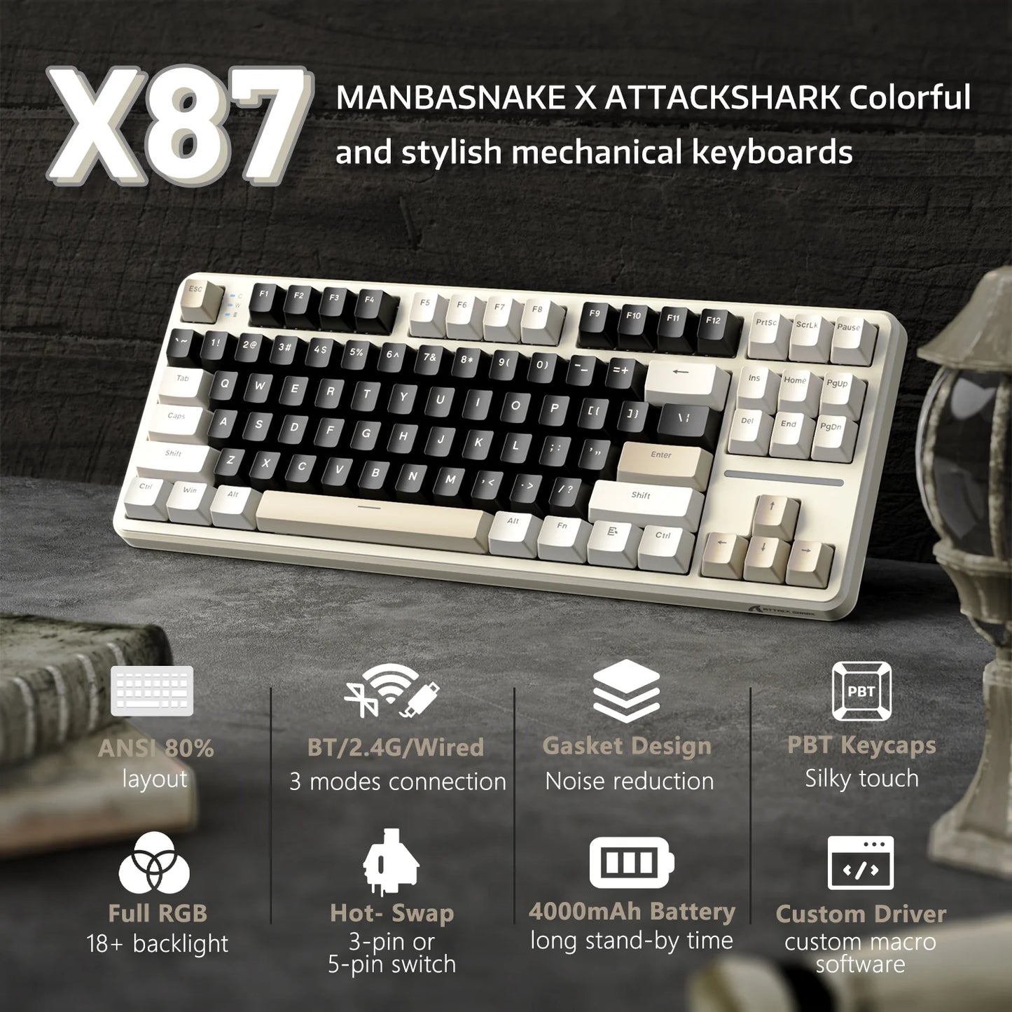 Gaming Keyboard X87 Attack Shark Side Engraved Translucent Character Wireless Mechanical Keyboard,RGB,Hot-Swap,Bluetooth Tri-mod (CHEESE WHITE COLOR)