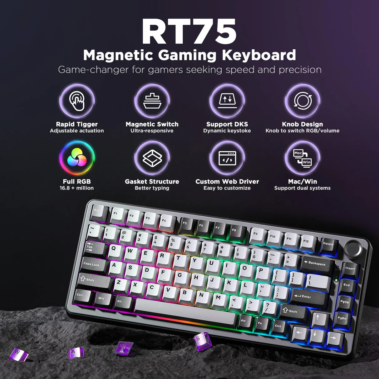 YUNZII RT75 Rapid Trigger Gaming Keyboard, Hyper Fast Magnetic Switch USB Mechanical Keyboards for Gamers, RGB 75% Keyboard