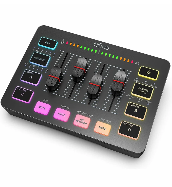 FIFINE AmpliGame SC3 Gaming USB Mixer with XLR/Headset Input, Monitoring, Line In/Out, Faders, Mute/Voice Effect/Sample (BLACK)