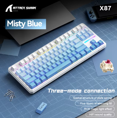 Gaming Keyboard X87 Attack Shark Side Engraved Translucent Character Wireless Mechanical Keyboard,RGB,Hot-Swap,Bluetooth Tri-mod (MISTY BLUE)