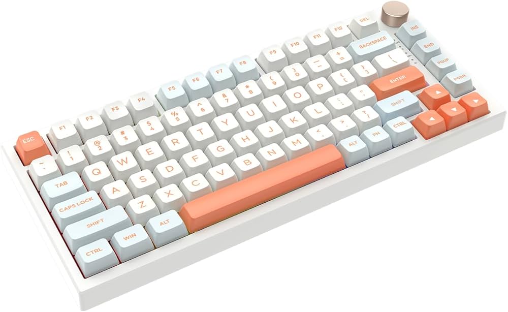 VGN N75 Pro Mechanical Keyboard Aluminum Alloy Knob Tri-mode Bluetooth Wireless 2.4g 82 Keys Hot Swap 75% Layout Pc Accessories (ORANGE AND WHITE)