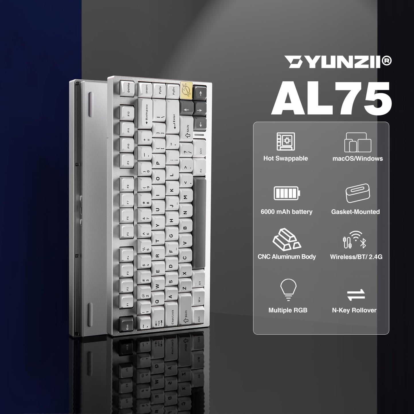 YUNZII AL75 75% Aluminum Wireless BT/2.4G/Wired Mechanical Gaming Keyboard, Hot Swappable Pre-lubed Switches, Gasket PCB