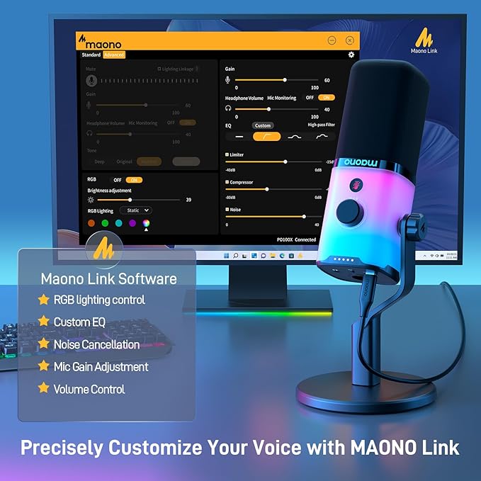 MAONO XLR/USB Gaming Microphone with Software, Dynamic PC Microphone with RGB for Streaming Podcast Vocal Recording, Computer Mic with Noise Cancellation, Mute Button, Gain Knob, Desktop Stand PD100X