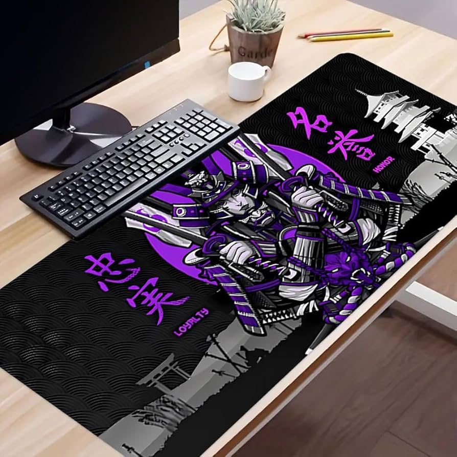 Japanese Samurai Cool Anime Purple and Black Large Game Mouse Pad Computer HD Keyboard Pad Desk Mat, Natural Rubber Non Slip Office Mousepad (900x400 size)