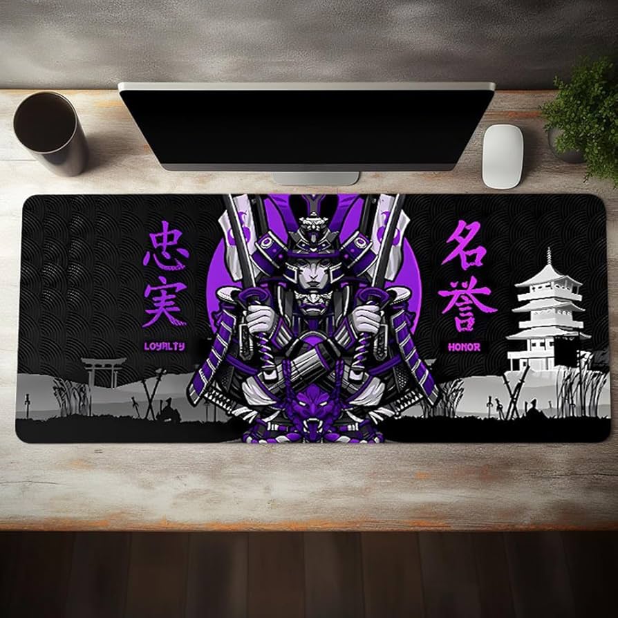 Japanese Samurai Cool Anime Purple and Black Large Game Mouse Pad Computer HD Keyboard Pad Desk Mat, Natural Rubber Non Slip Office Mousepad (900x400 size)