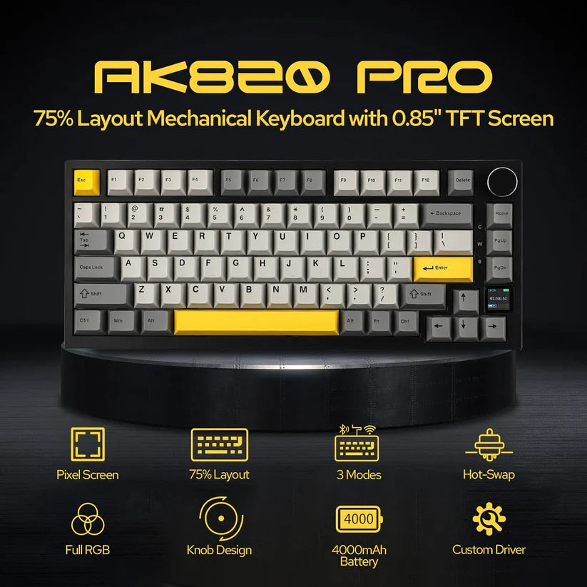 Ajazz AK820 Pro 75% Gasket-mounted Bluetooth 5.1/2.4G Wireless/Type-C Wired Mechanical Keyboard with TFT Screen for Mac/Win (BLACK)