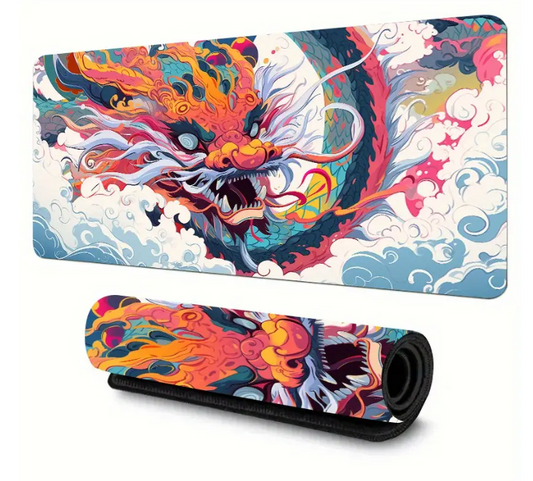 Oriental Orange Dragon Ascending Through Clouds Large Desk Mat, Rubber Anti-Slip Mouse Pad (XXL 900x400)