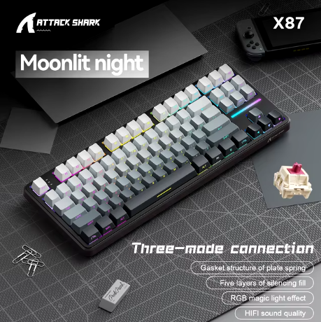 Gaming Keyboard X87 Attack Shark Side Engraved Translucent Character Wireless Mechanical Keyboard,RGB,Hot-Swap,Bluetooth Tri-mod (MOONLIT NIGHT COLOR)