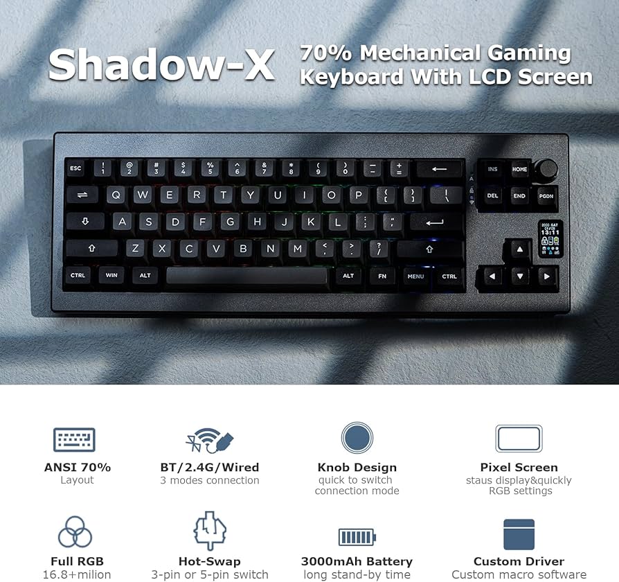 EPOMAKER Shadow-X Gasket Hot Swappable 2.4ghz/Bluetooth/USB-C Wired Wireless Mechanical Keyboard with Screen for Gaming/ Office (Gateron pro Yellow)