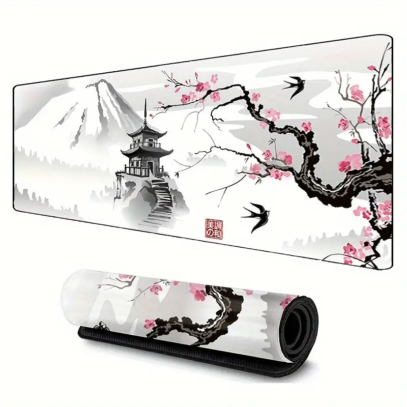 Japanese Style Cherry Flower Tower Mouse Pad Office Computer Accessories Non-slip Rubber Keyboard Pad Mouse Pad Laptop Console Lock Edge Desktop Pad (XXL 900x400)