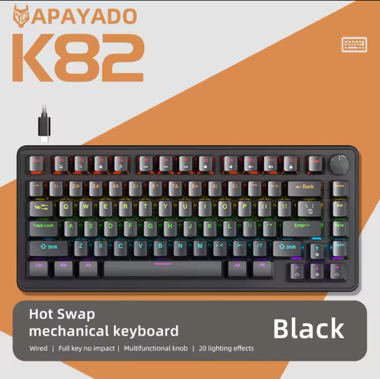 APAYADO K82 Cool Backlight Mechanical Keyboard,82 Keys,Multifunctional Knob,Full Key Hot Swappable,Wired Connection,Windows&Mac (Blueberries, blue switch)