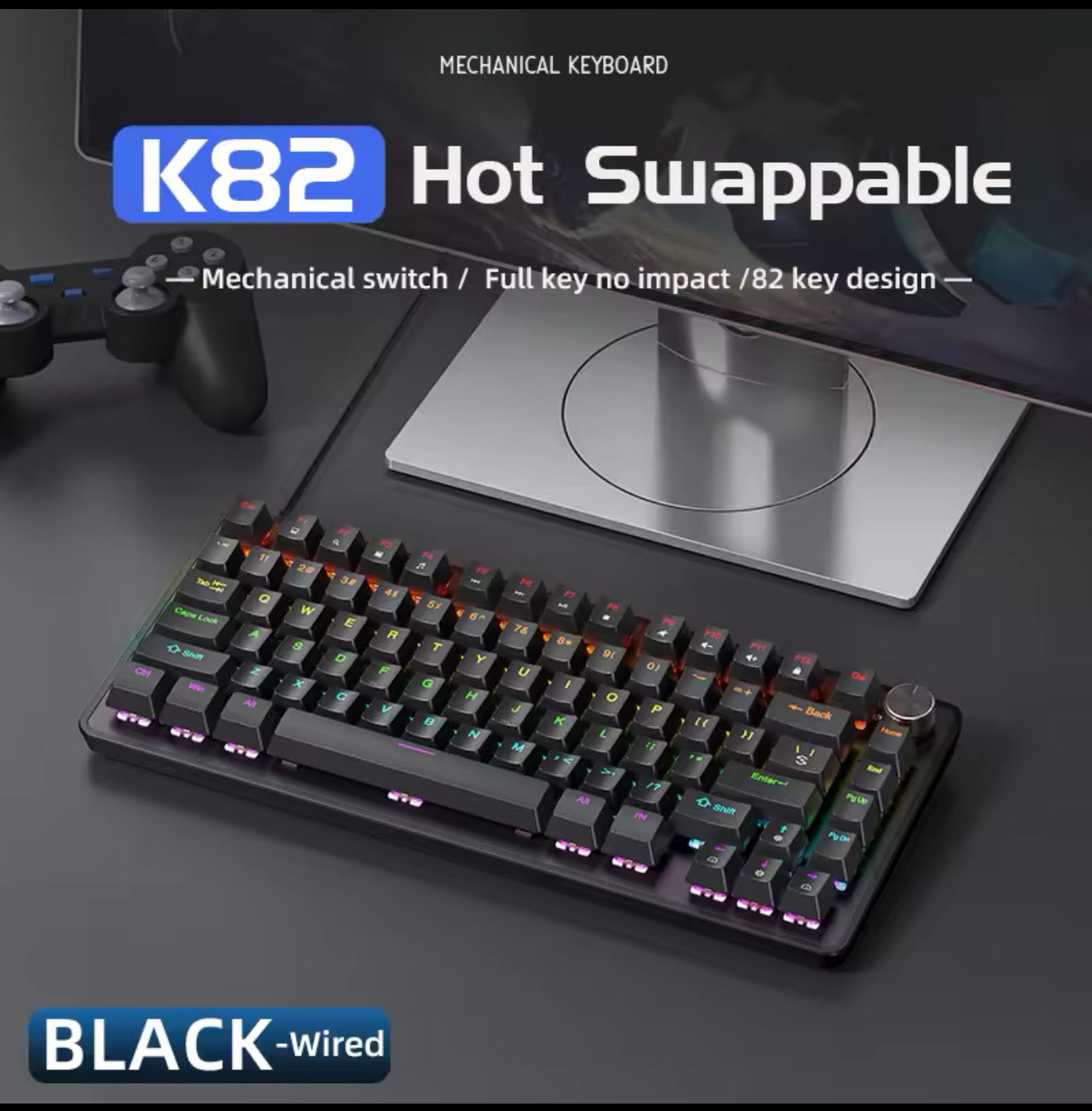 APAYADO K82 Cool Backlight Mechanical Keyboard,82 Keys,Multifunctional Knob,Full Key Hot Swappable,Wired Connection,Windows&Mac (Blueberries, blue switch)