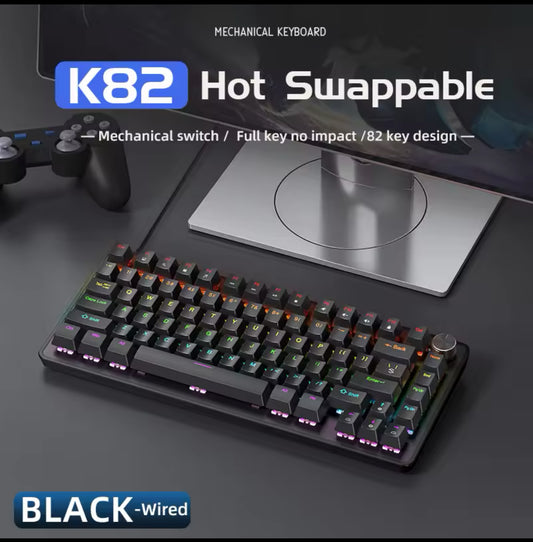 APAYADO K82 Cool Backlight Mechanical Keyboard,82 Keys,Multifunctional Knob,Full Key Hot Swappable,Wired Connection,Windows&Mac (Black, blue switch)