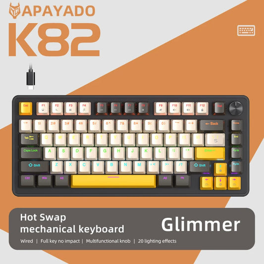 APAYADO K82 Cool Backlight Mechanical Keyboard,82 Keys,Multifunctional Knob,Full Key Hot Swappable,Wired Connection,Windows&Mac (Glimmer, Blue switch)