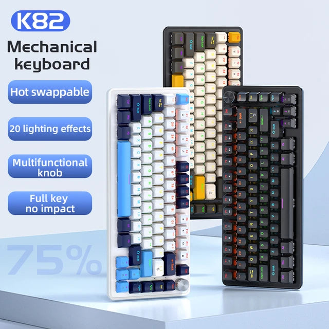 APAYADO K82 Cool Backlight Mechanical Keyboard,82 Keys,Multifunctional Knob,Full Key Hot Swappable,Wired Connection,Windows&Mac (Blueberries, blue switch)