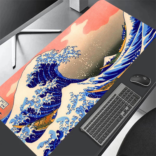 Art Mouse Pad Japan The Great Wave of Kanagawa Large Gaming Mousepad Gamer Keyboard Mouse Mats Office Computer Laptop Desk Mat (900x400m) (BLUE AND ORANGE)