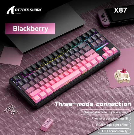 Gaming Keyboard X87 Attack Shark Side Engraved Translucent Character Wireless Mechanical Keyboard,RGB,Hot-Swap,Bluetooth Tri-mod (BLACKBERRY COLOR)