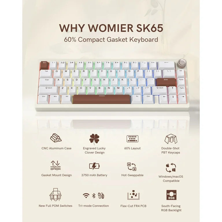 Womier SK65 65% Gaming Mechanical Keyboard Aluminum Alloy Shell Wireless Keyboard Tri-Mode Hot Swap Gasket Mounted RGB Keyboard