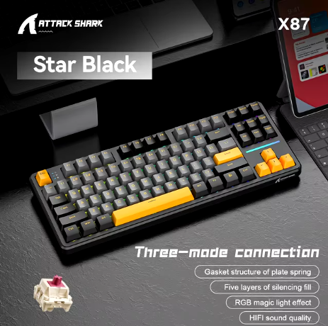 Gaming Keyboard X87 Attack Shark Side Engraved Translucent Character Wireless Mechanical Keyboard,RGB,Hot-Swap,Bluetooth Tri-mod (STAR BLACK COLOR)