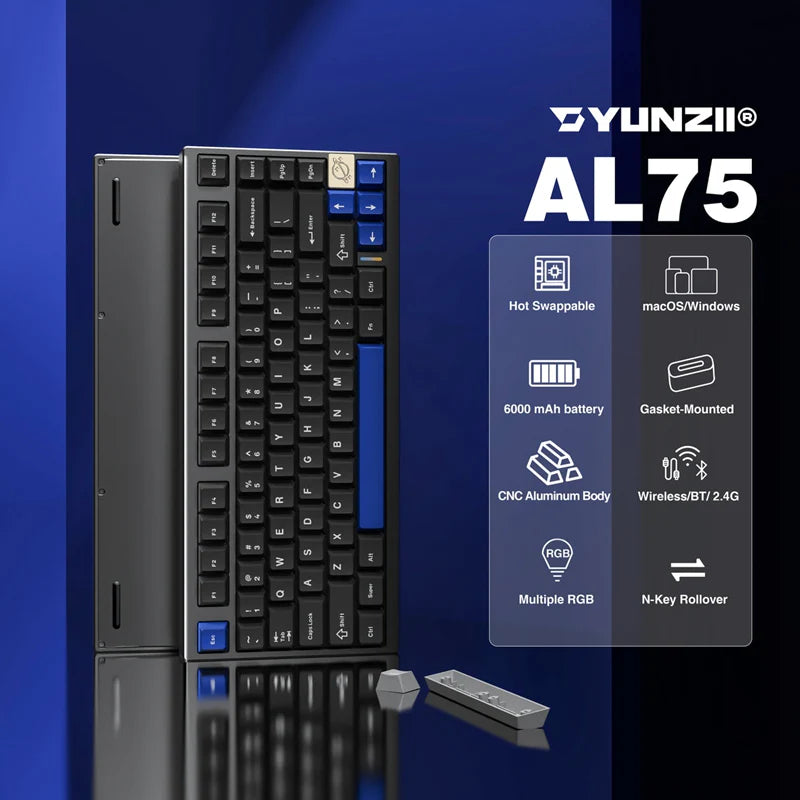 YUNZII AL75 75% Aluminum Wireless BT/2.4G/Wired Mechanical Gaming Keyboard, Hot Swappable Pre-lubed Switches, Gasket PCB